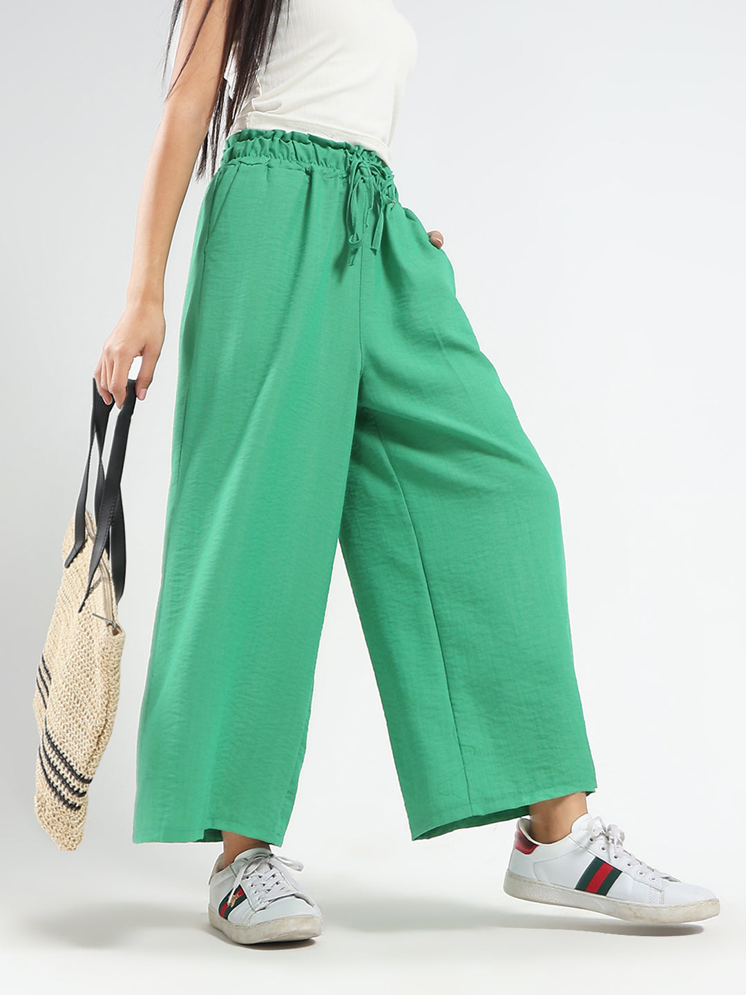 Green Cotton Nylon Wide Leg Casual Trouser