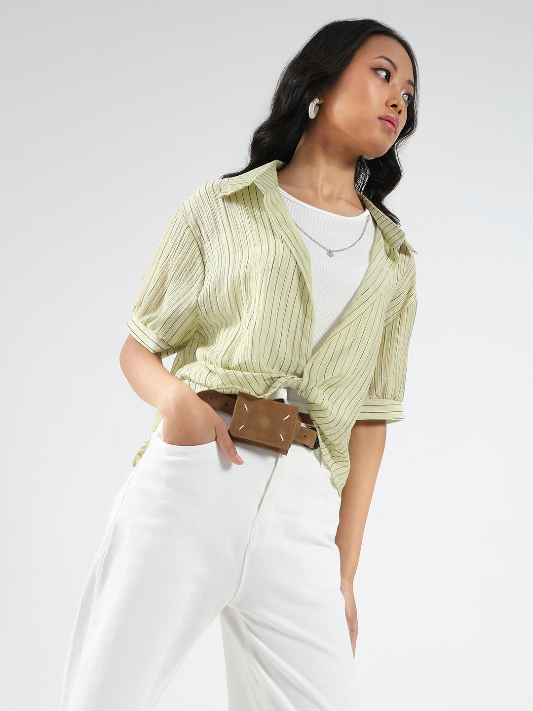 Light Green Striped Oversized Top with inner tank top and necklace