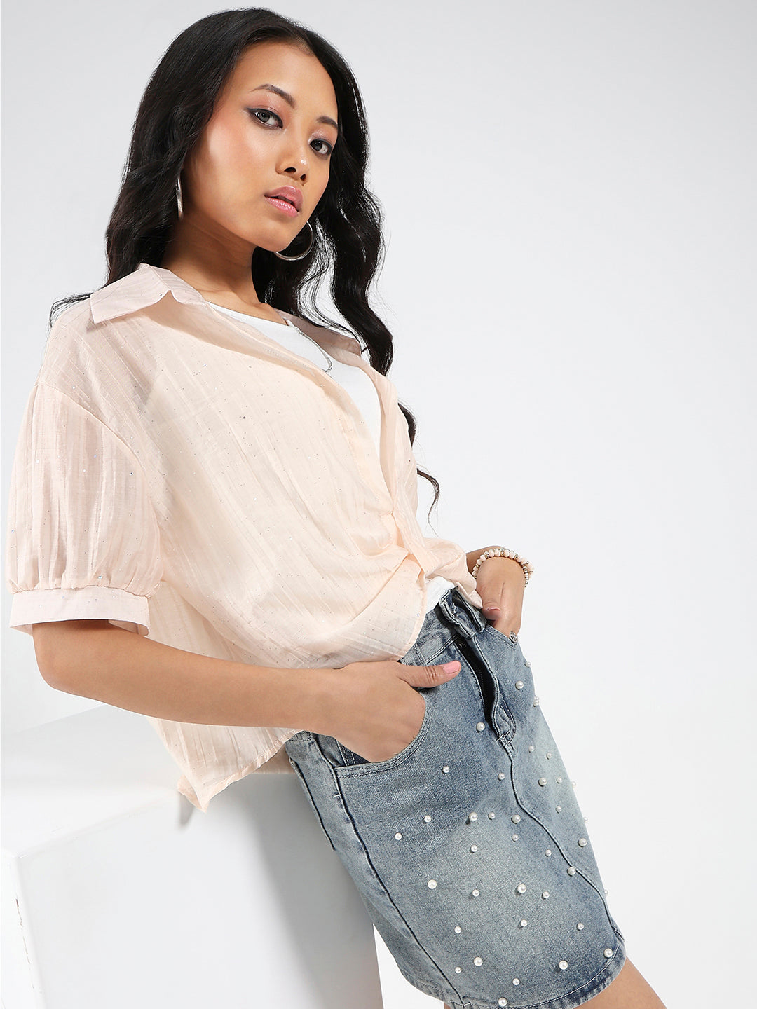 Tencel Nylon Studded Oversized Shirt with tank top and necklace