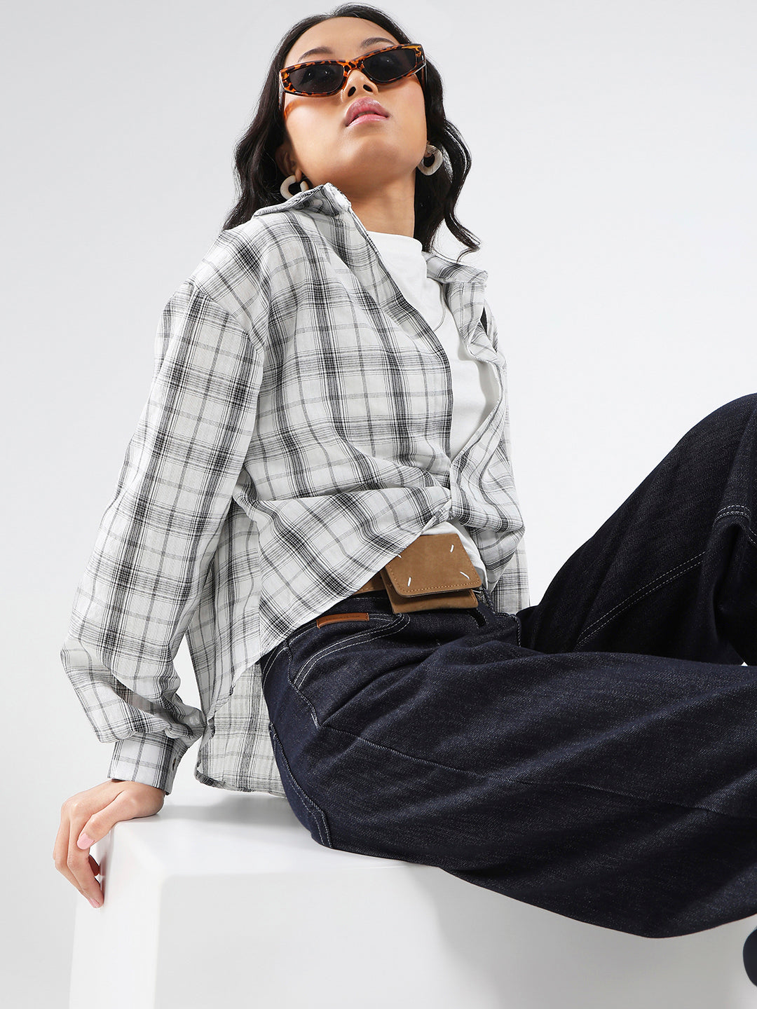 White Grey Checkered Oversized Shirt with tank top and necklace