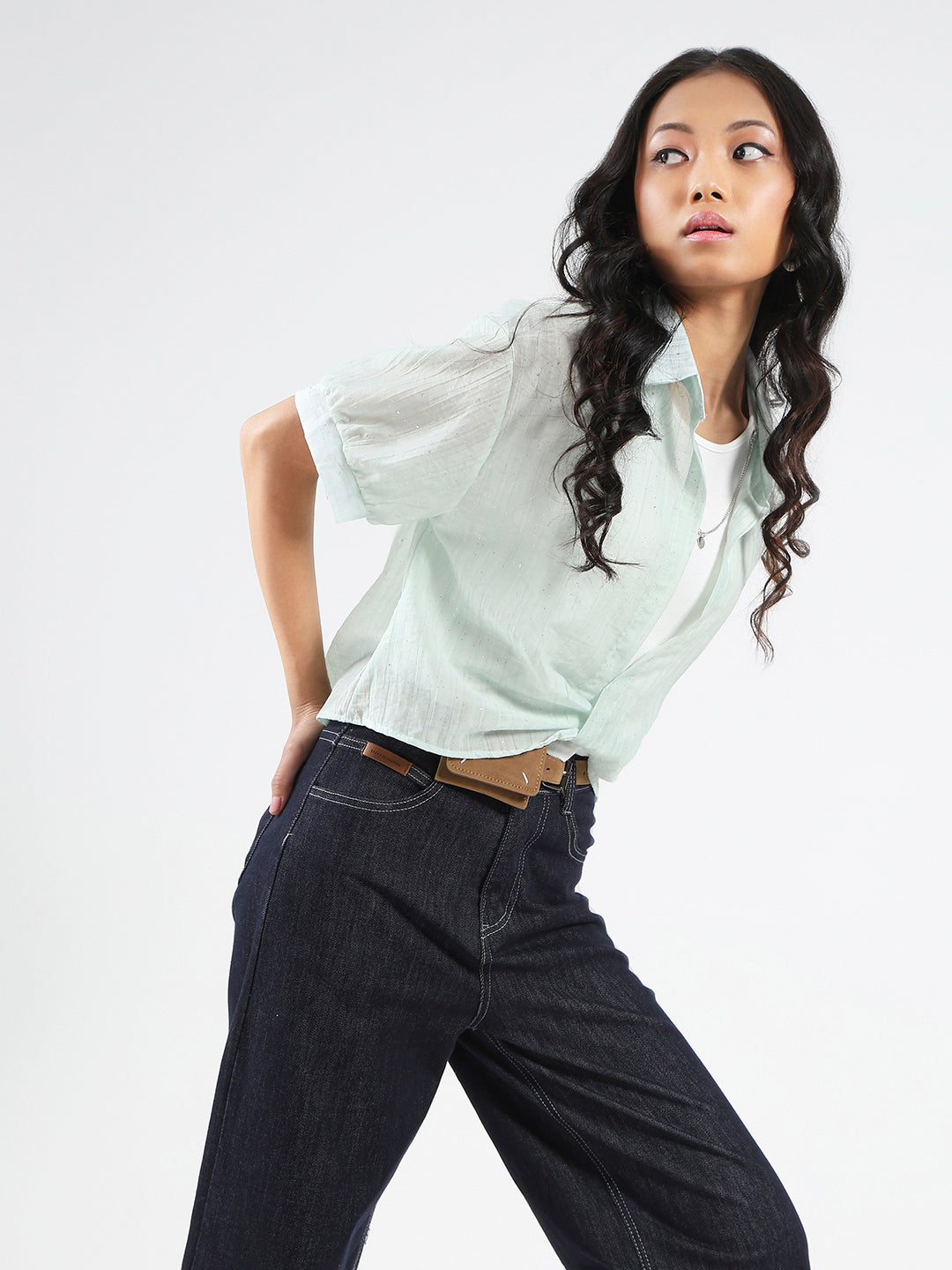 Tencel Nylon Studded Oversized Shirt with tank top and necklace
