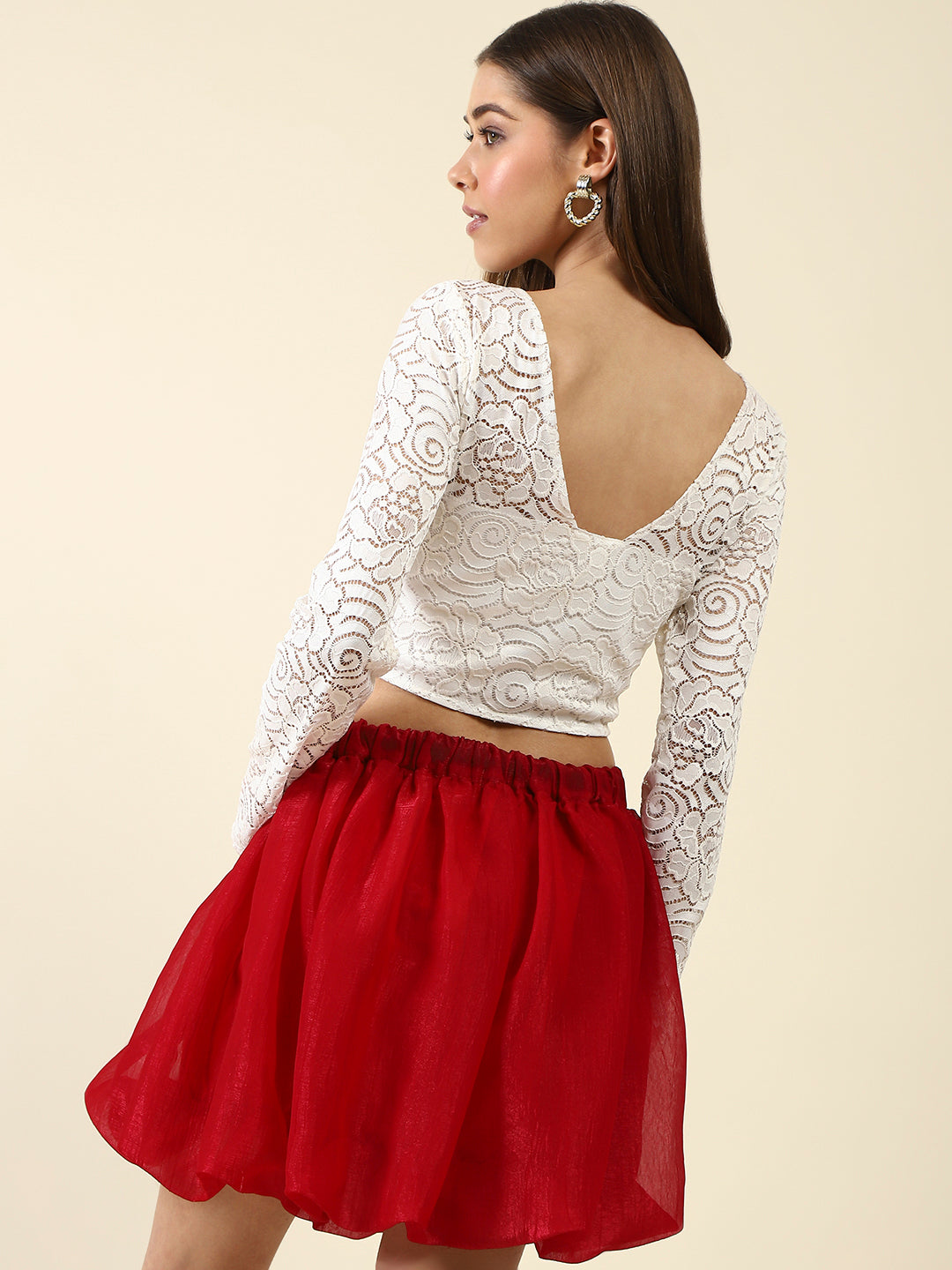 White Self Design Crop Top