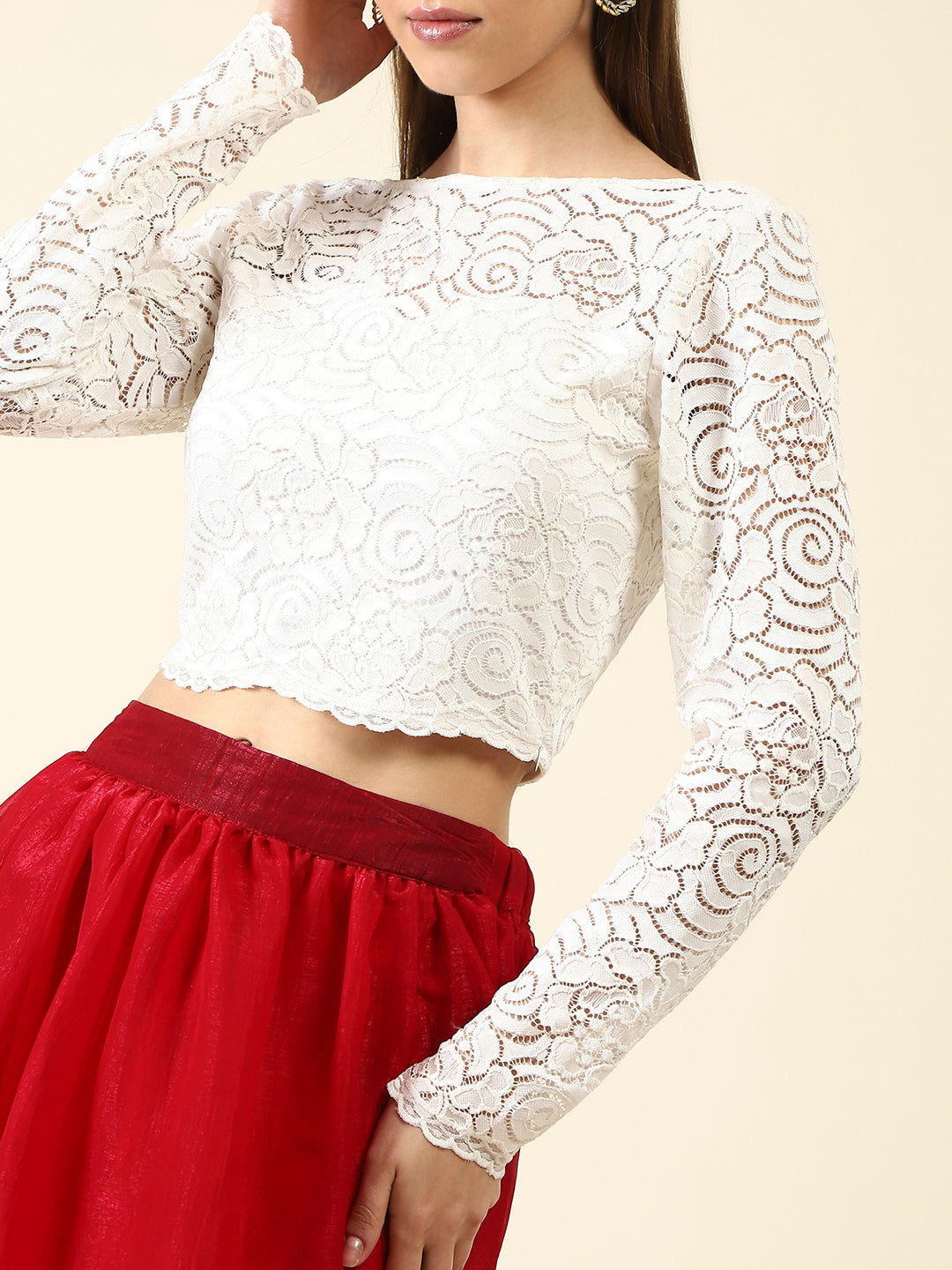 White Self Design Crop Top