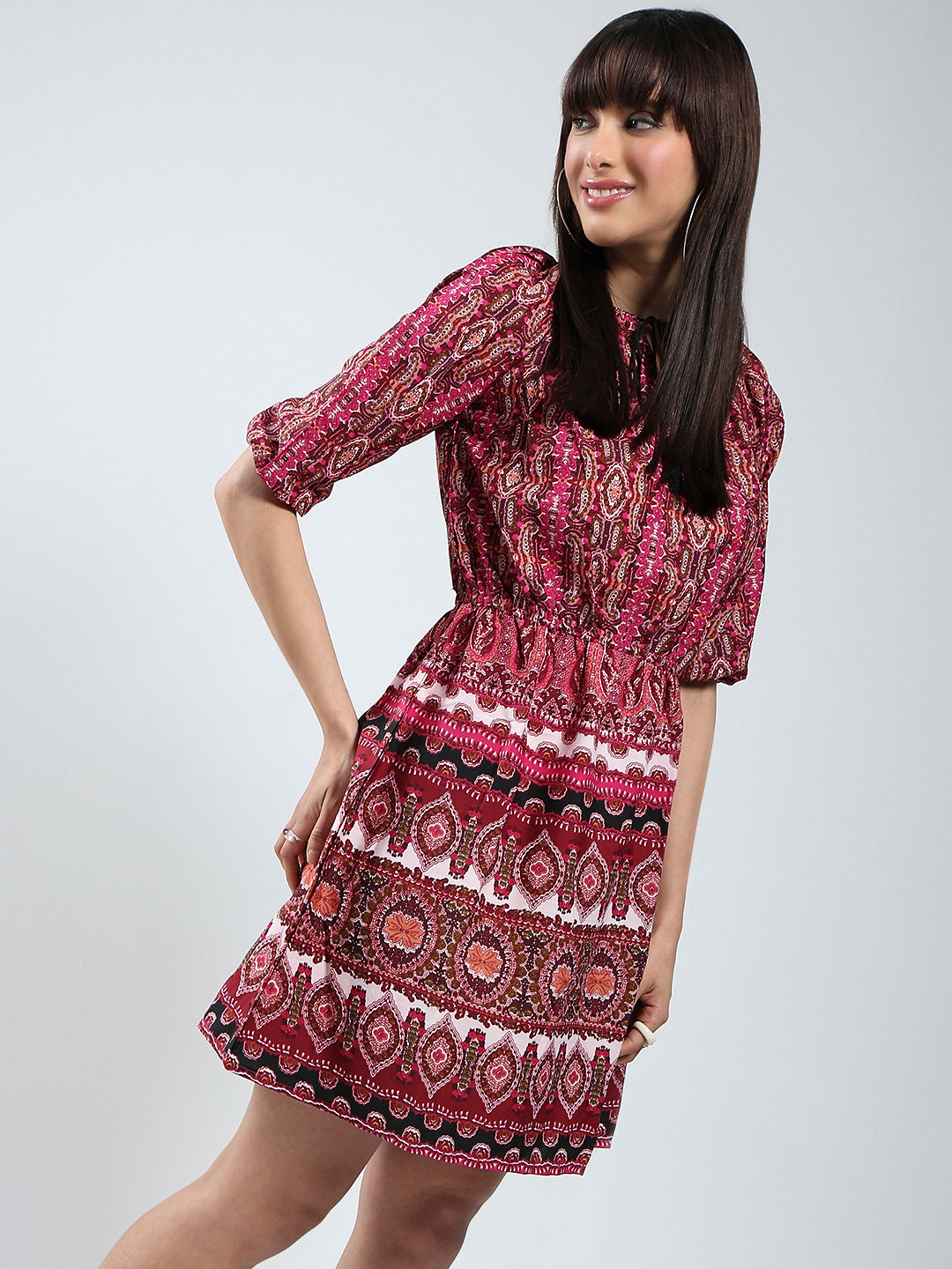 Fushia Ethnic Motifs Printed Elasticated Waist Dress