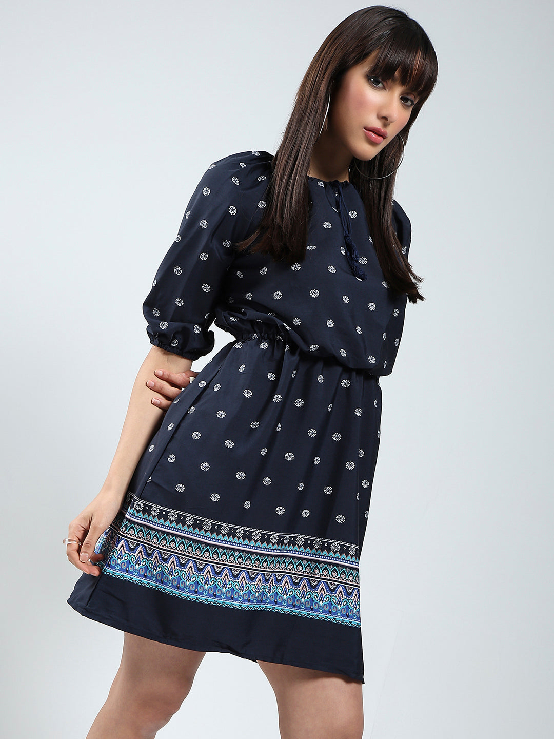 Navy Ethnic Motifs Printed Elasticated Waist Dress