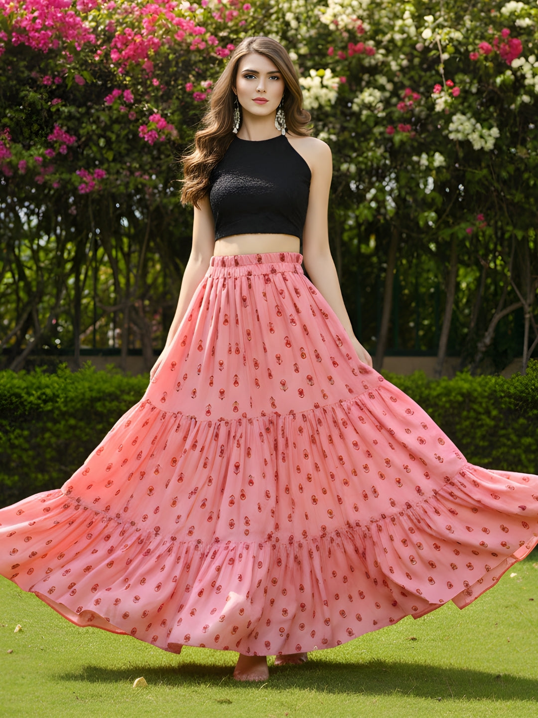 Pink Printed Long Skirt with Black Crop Top Stylish Indo Western Party Wear Outfit for Women
