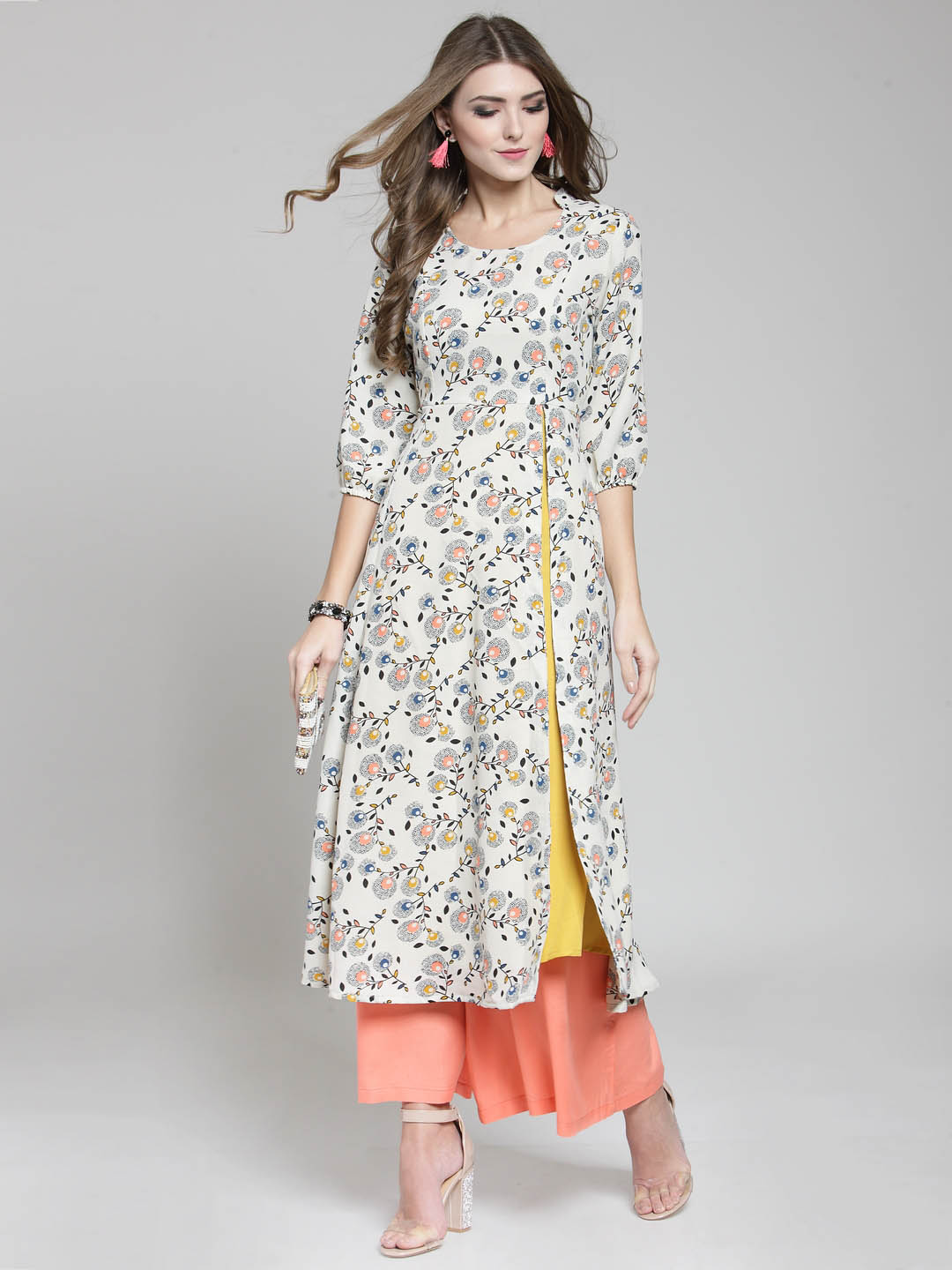 Cream Floral Printed Flared Kurta and Coral Palazzo Set