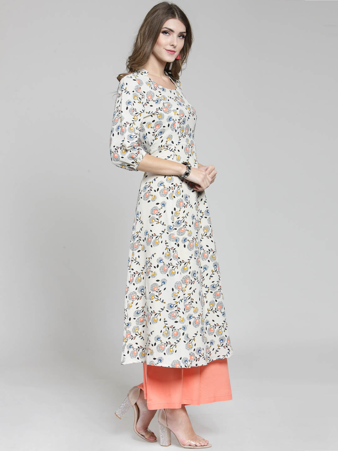 Cream Floral Printed Flared Kurta and Coral Palazzo Set