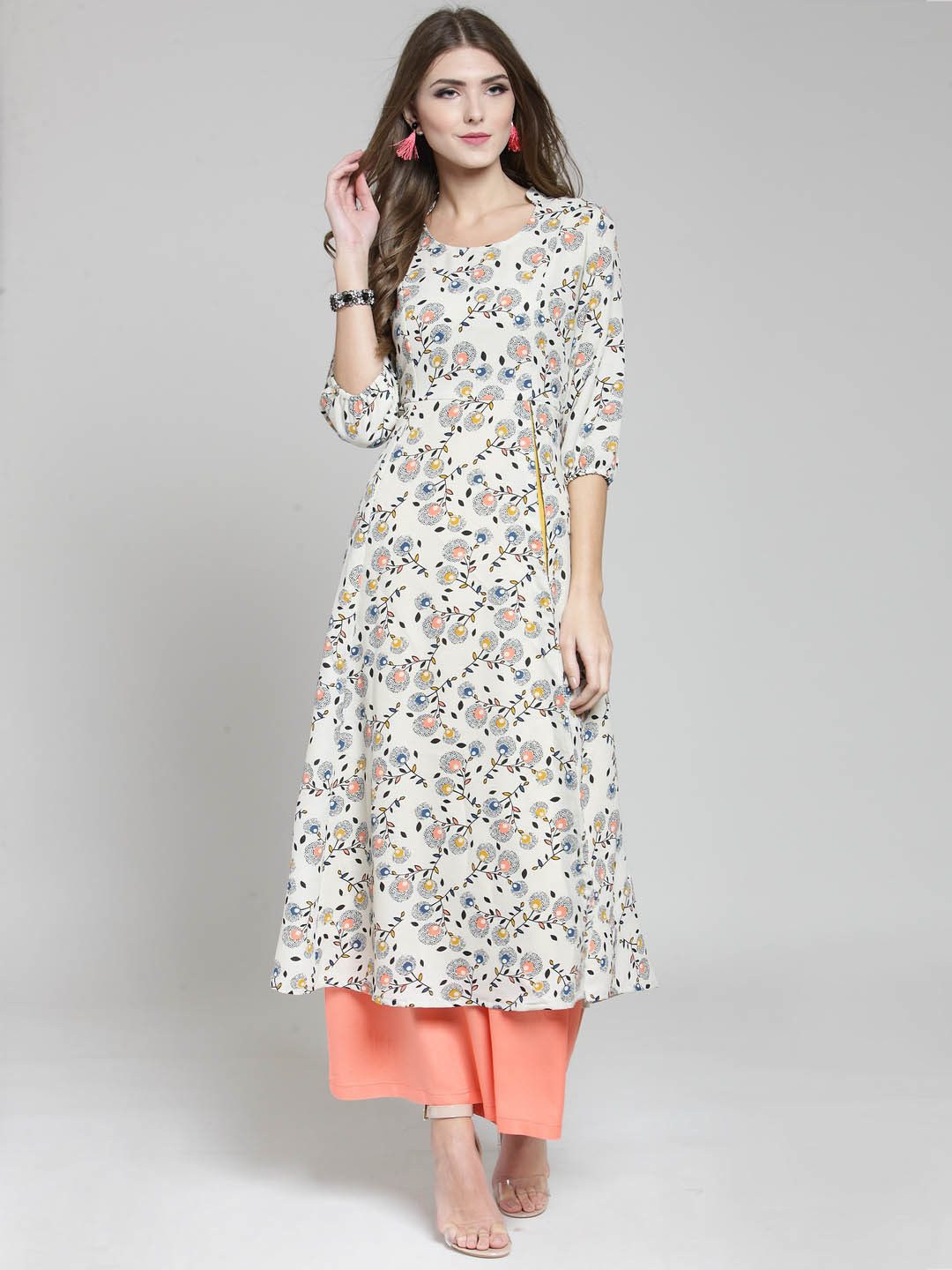 Cream Floral Printed Flared Kurta and Coral Palazzo Set