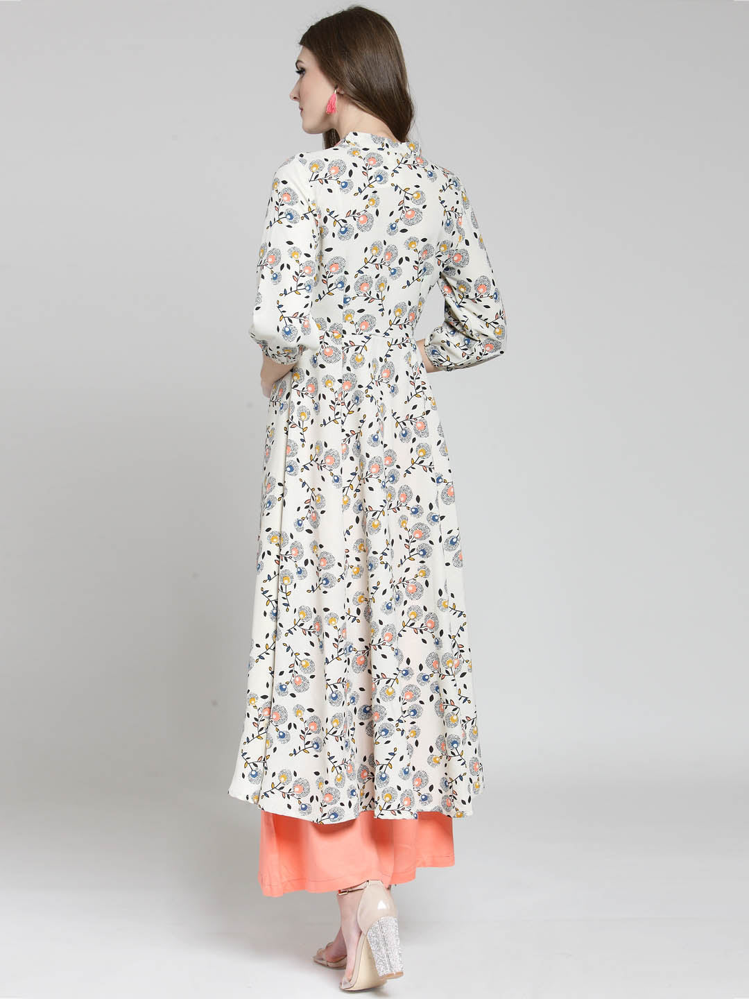 Cream Floral Printed Flared Kurta and Coral Palazzo Set