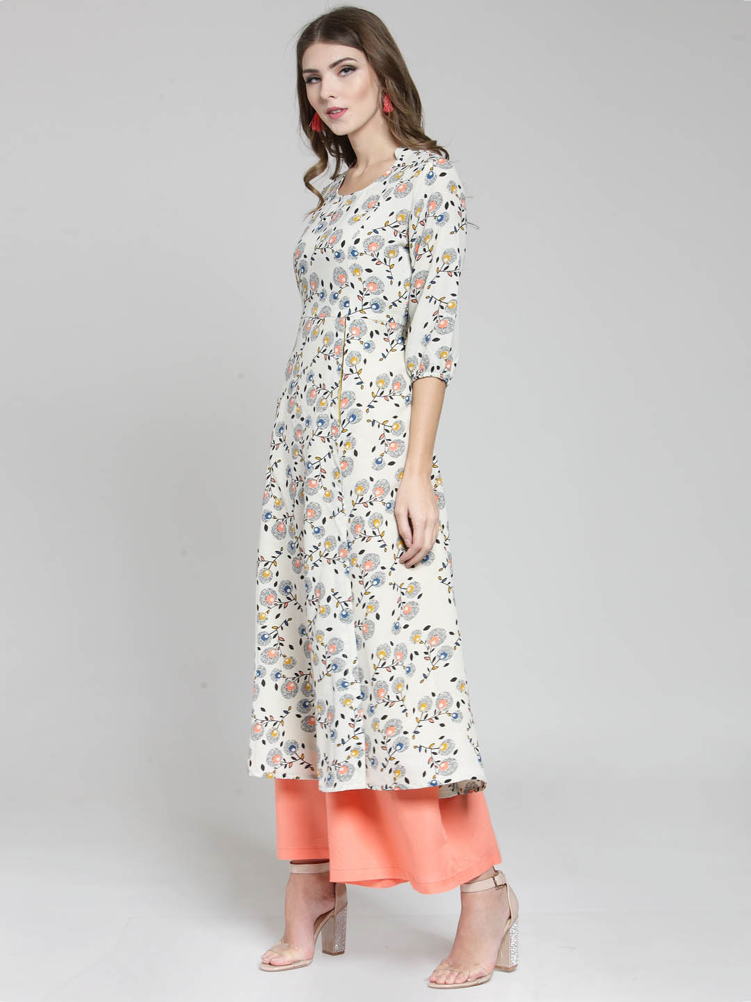 Cream Floral Printed Flared Kurta and Coral Palazzo Set