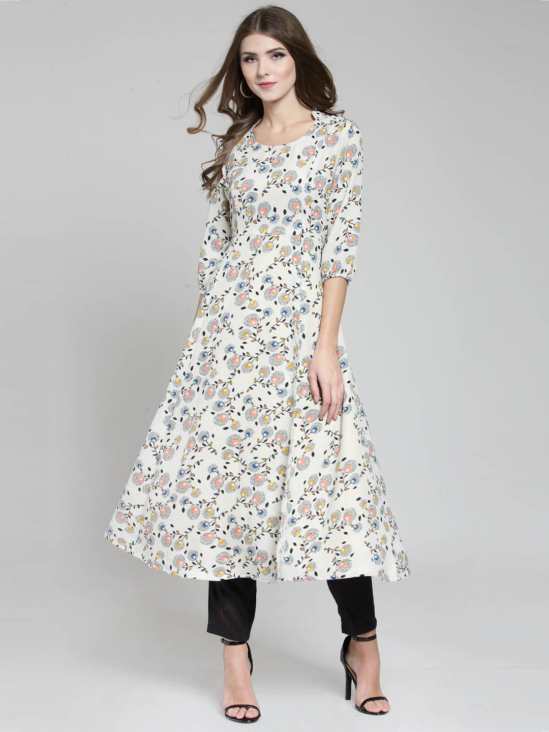 Cream Floral Printed Flared Kurta and Black Palazzo Set