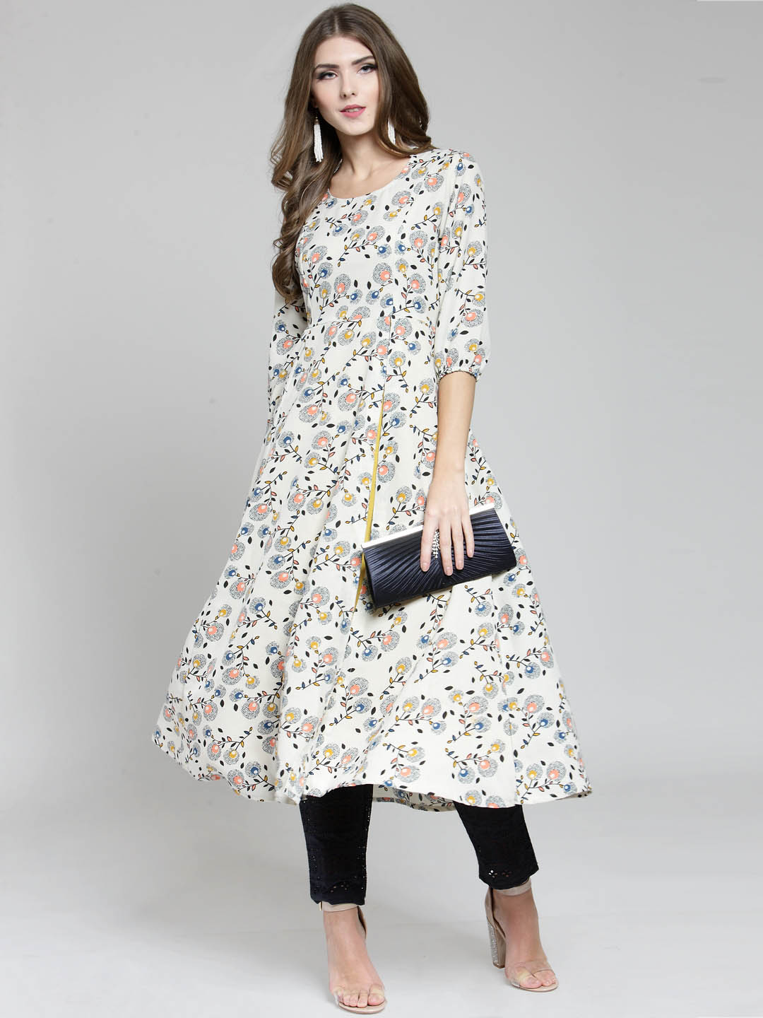 Cream Floral Printed Flared Kurta and Navy blue Palazzo Set