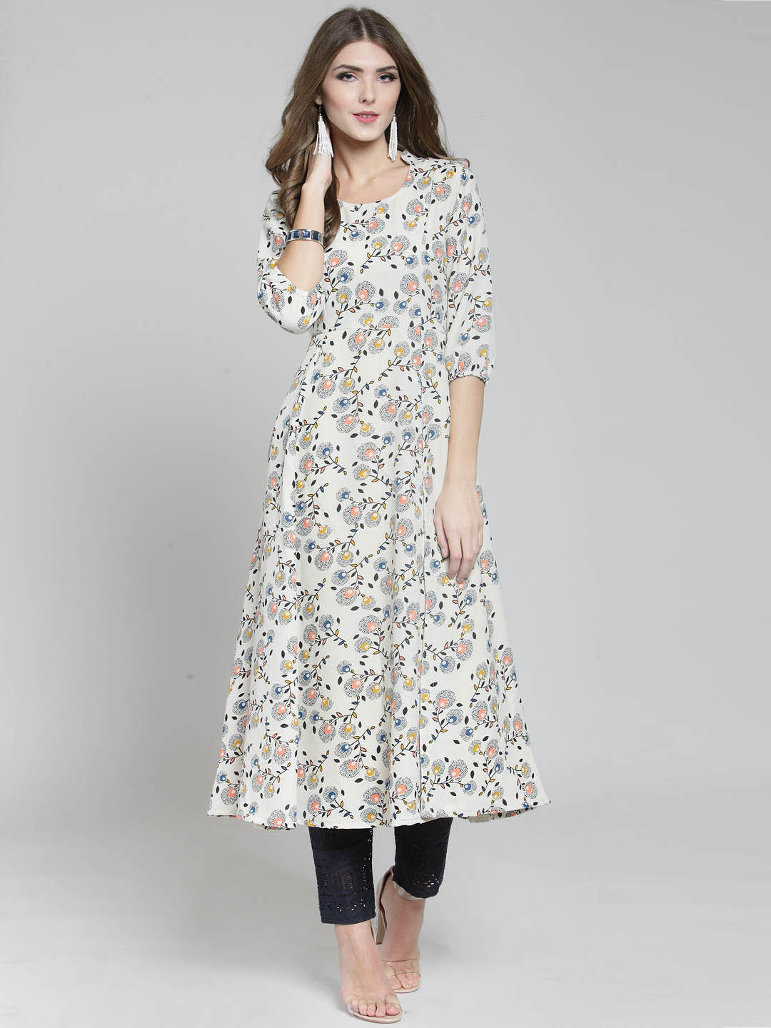 Cream Floral Printed Flared Kurta and Navy blue Palazzo Set