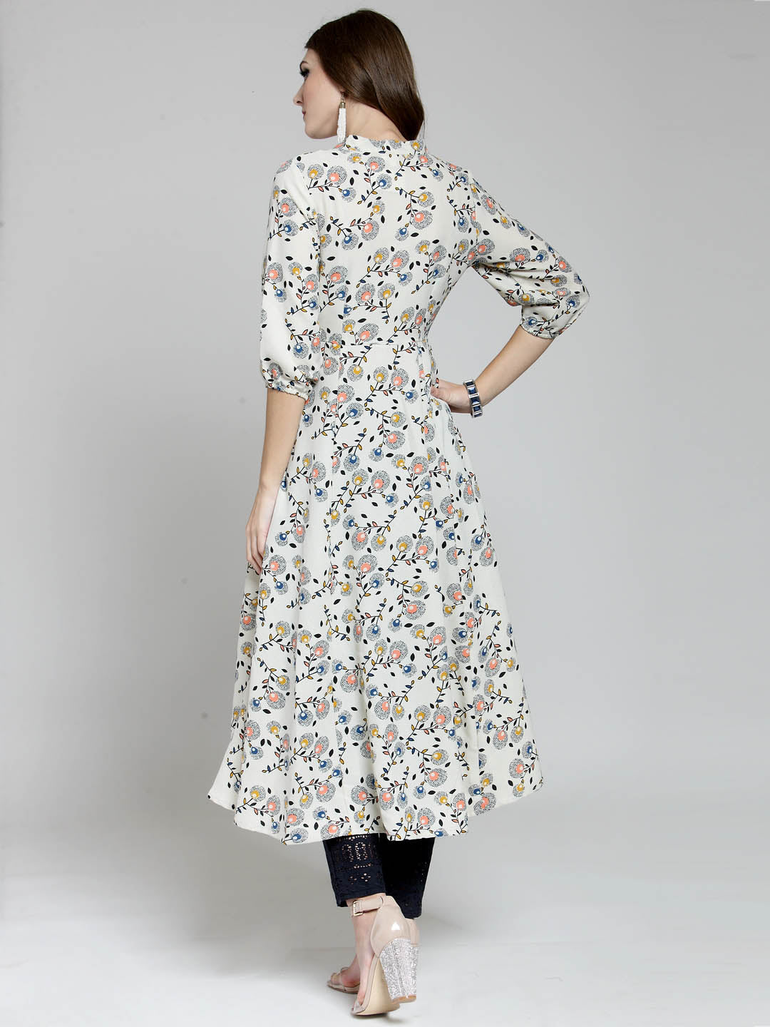 Cream Floral Printed Flared Kurta and Navy blue Palazzo Set