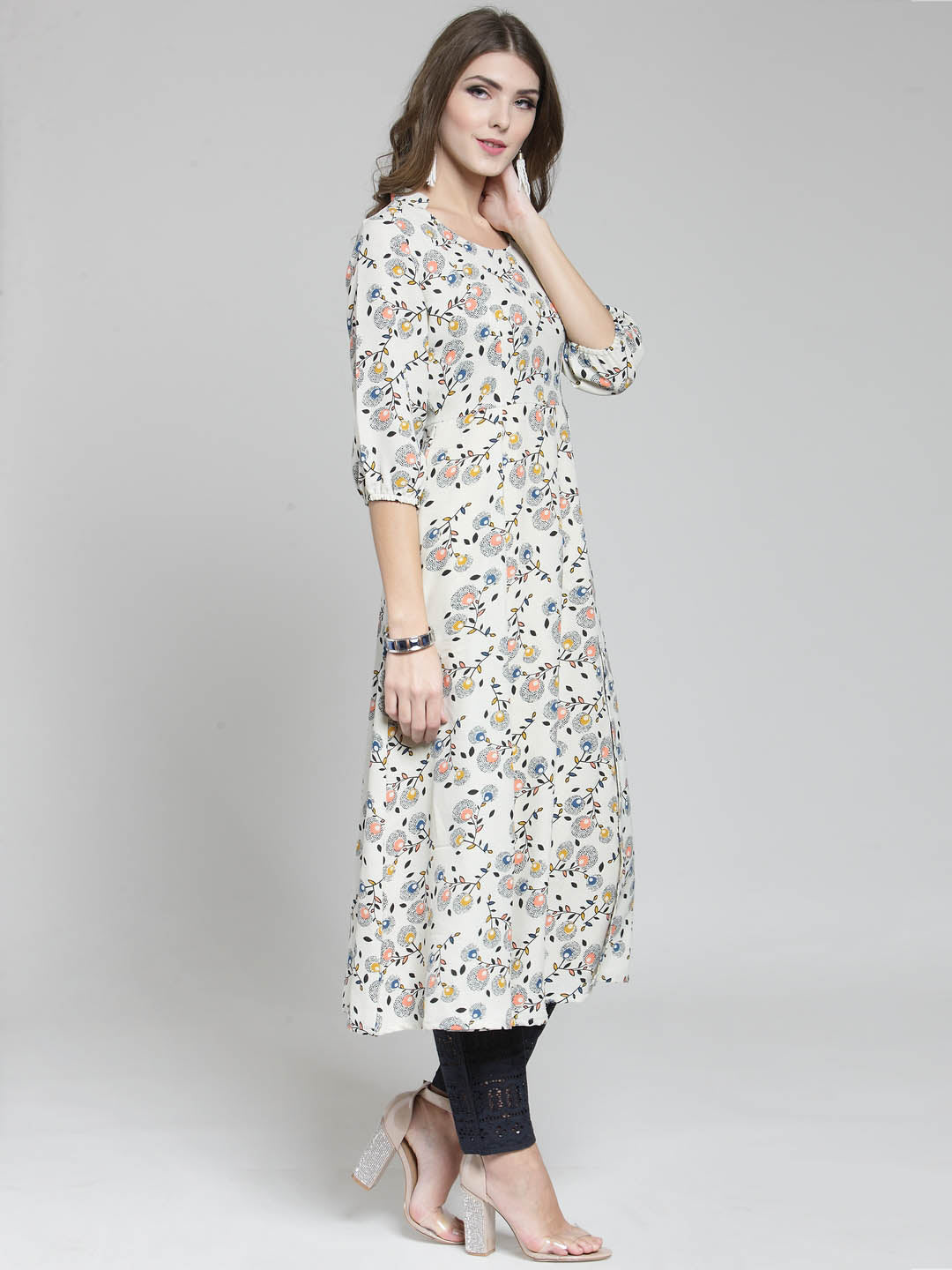 Cream Floral Printed Flared Kurta and Navy blue Palazzo Set