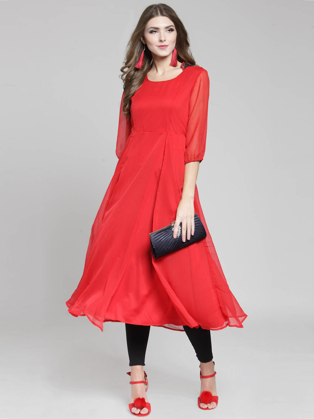 Women Red Solid Flared Kurta