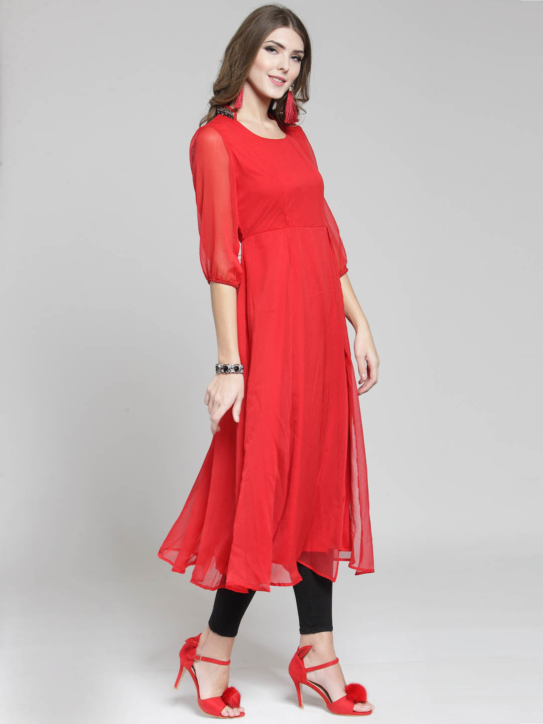 Women Red Solid Flared Kurta