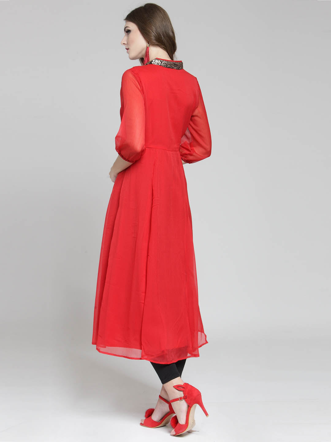 Women Red Solid Flared Kurta