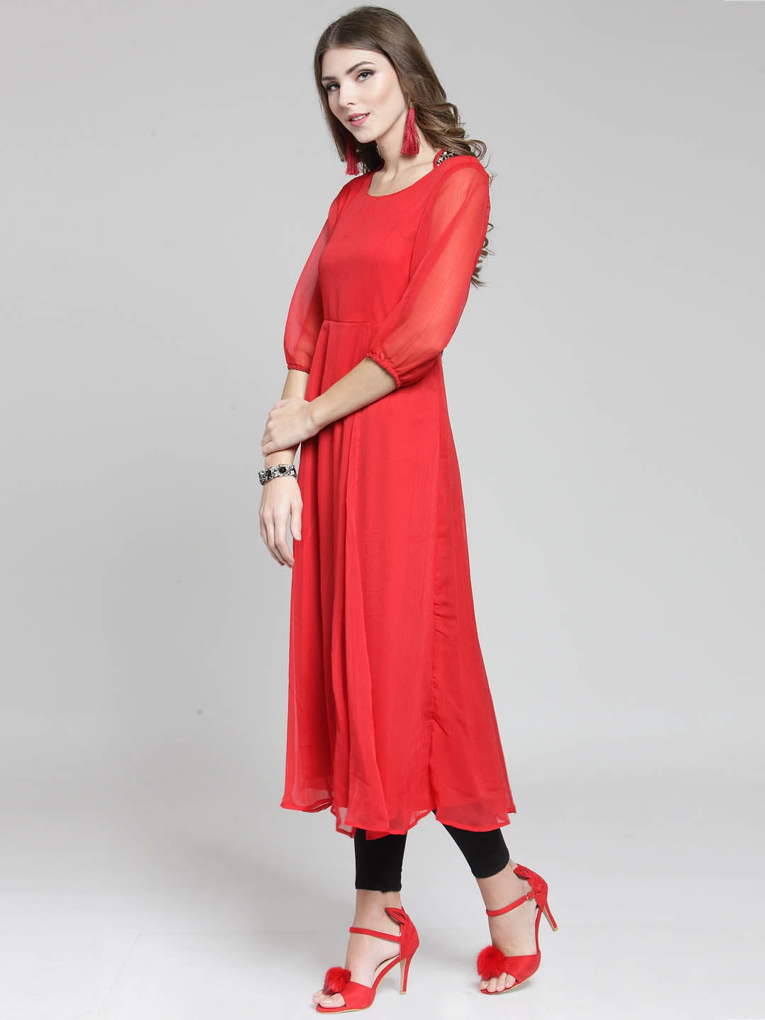 Women Red Solid Flared Kurta