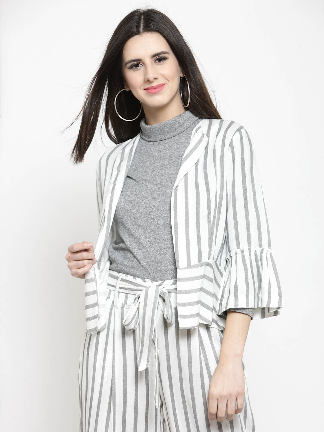 Print Ruffle Sleeve Blazer