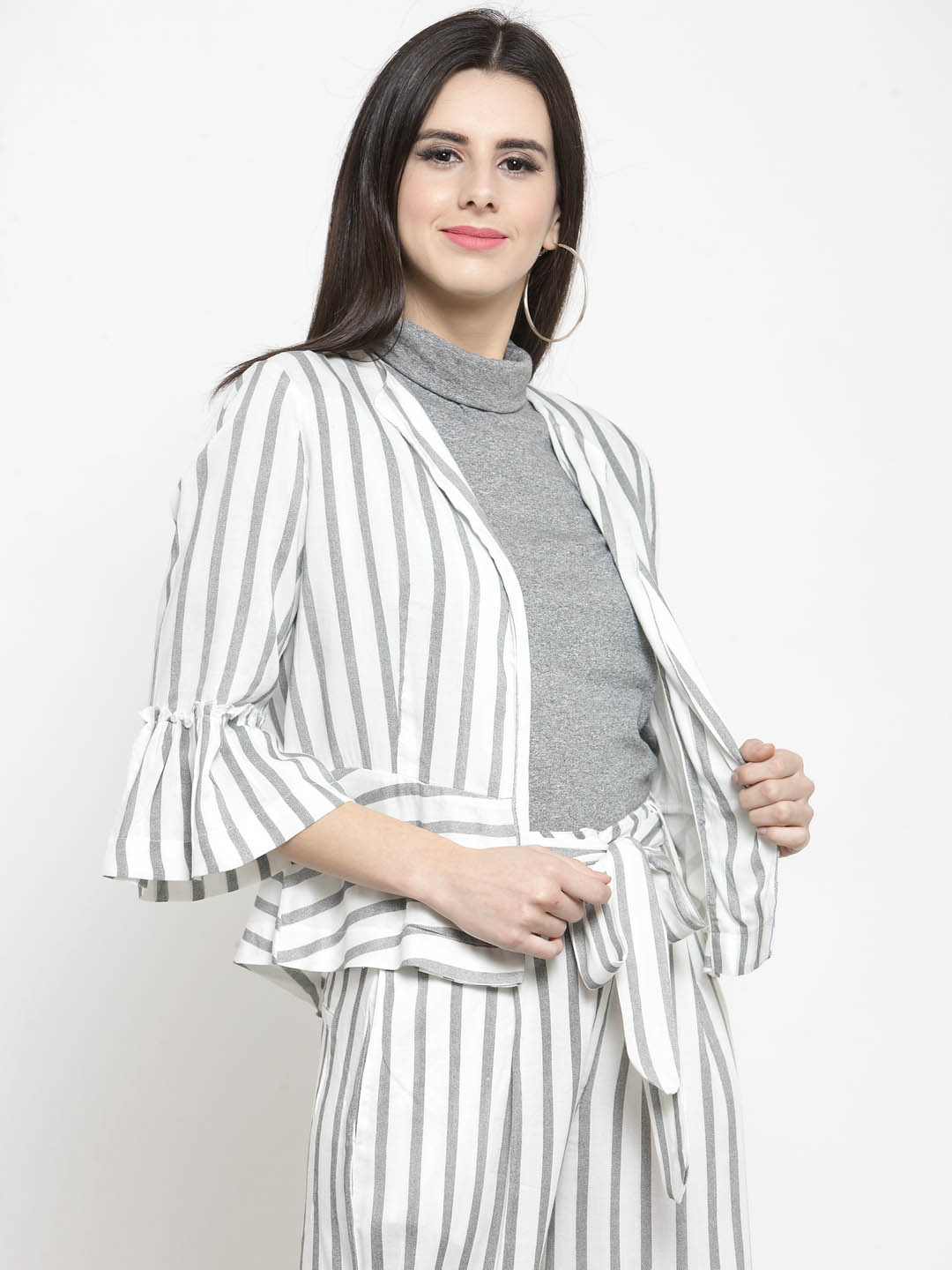 Print Ruffle Sleeve Blazer