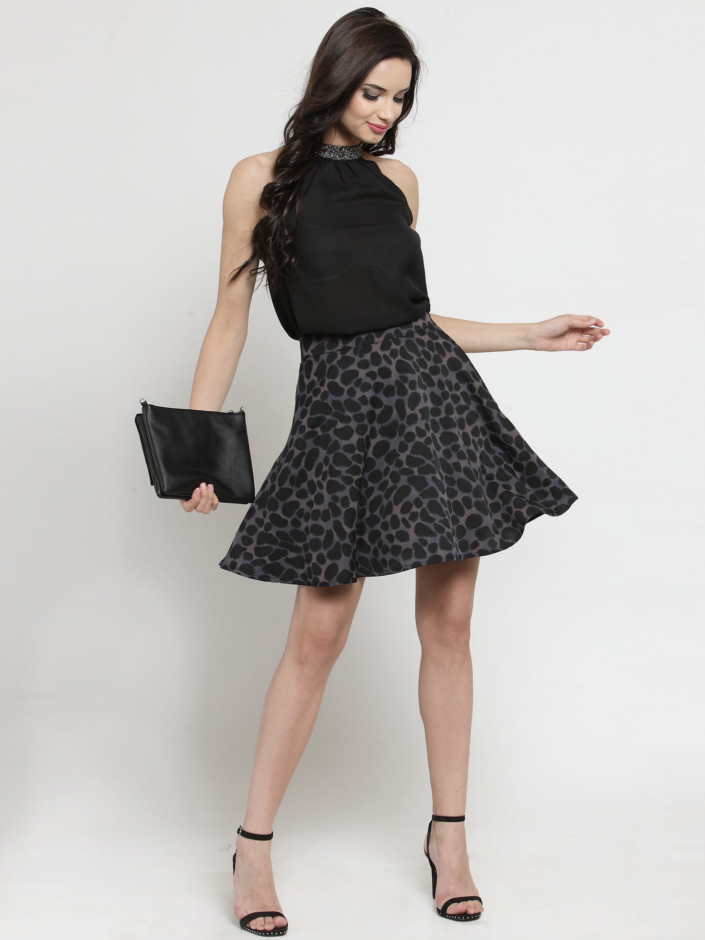 Black Printed Flared Skirt