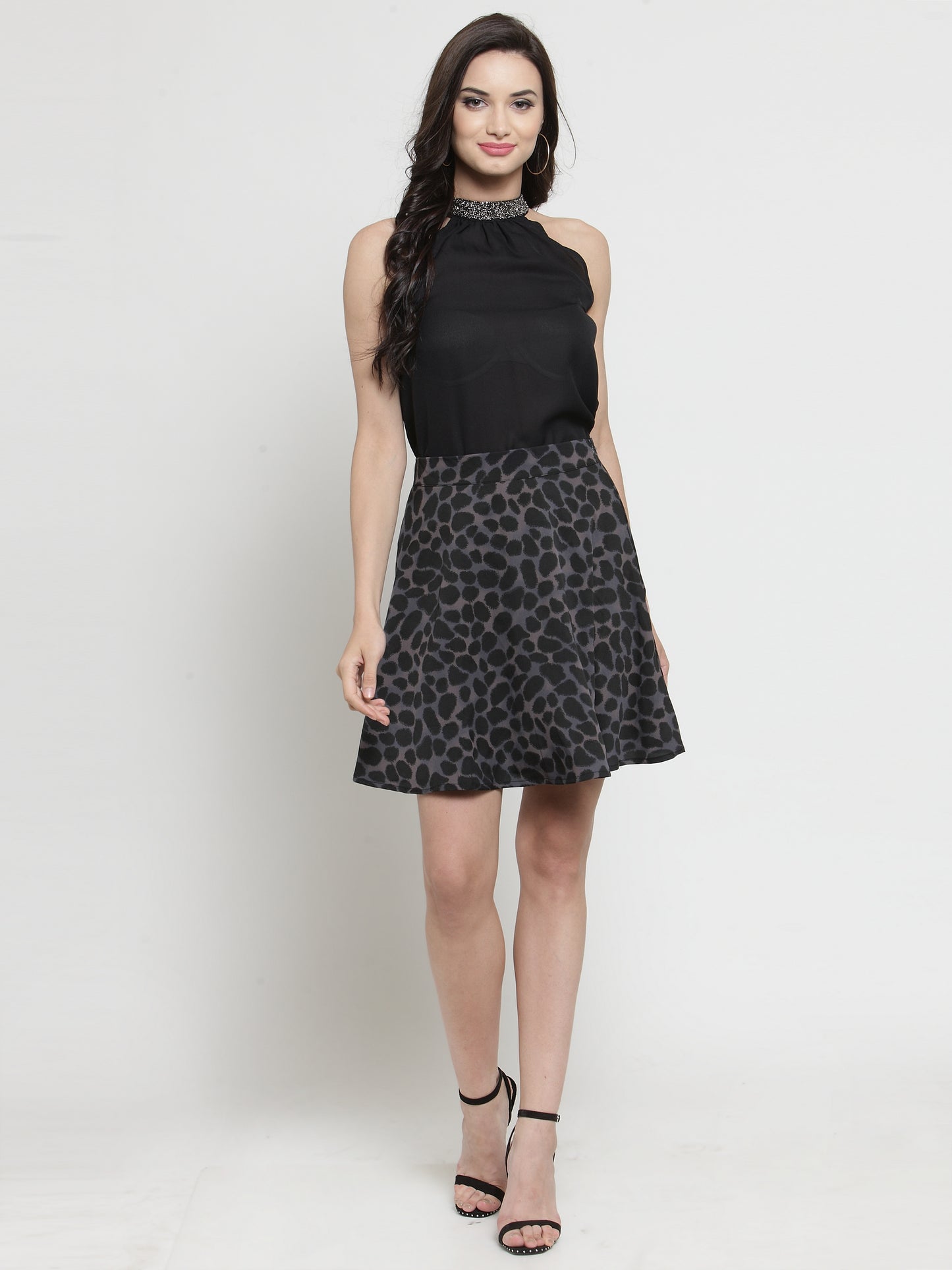 Black Printed Flared Skirt