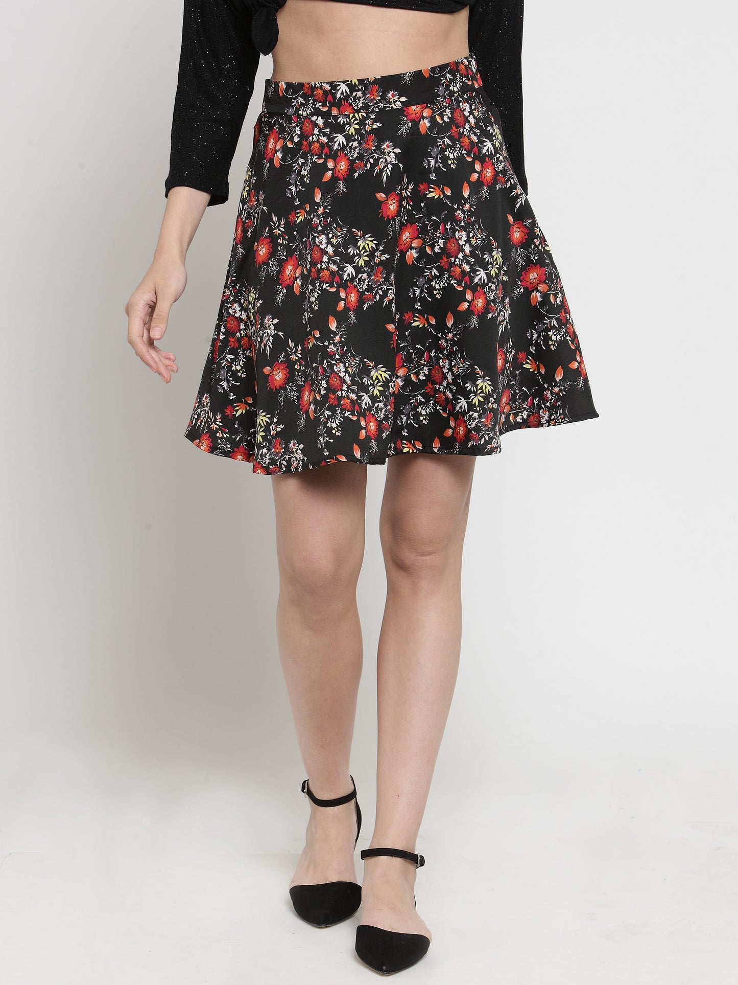 Black & Red Floral Printed Flared Skirt