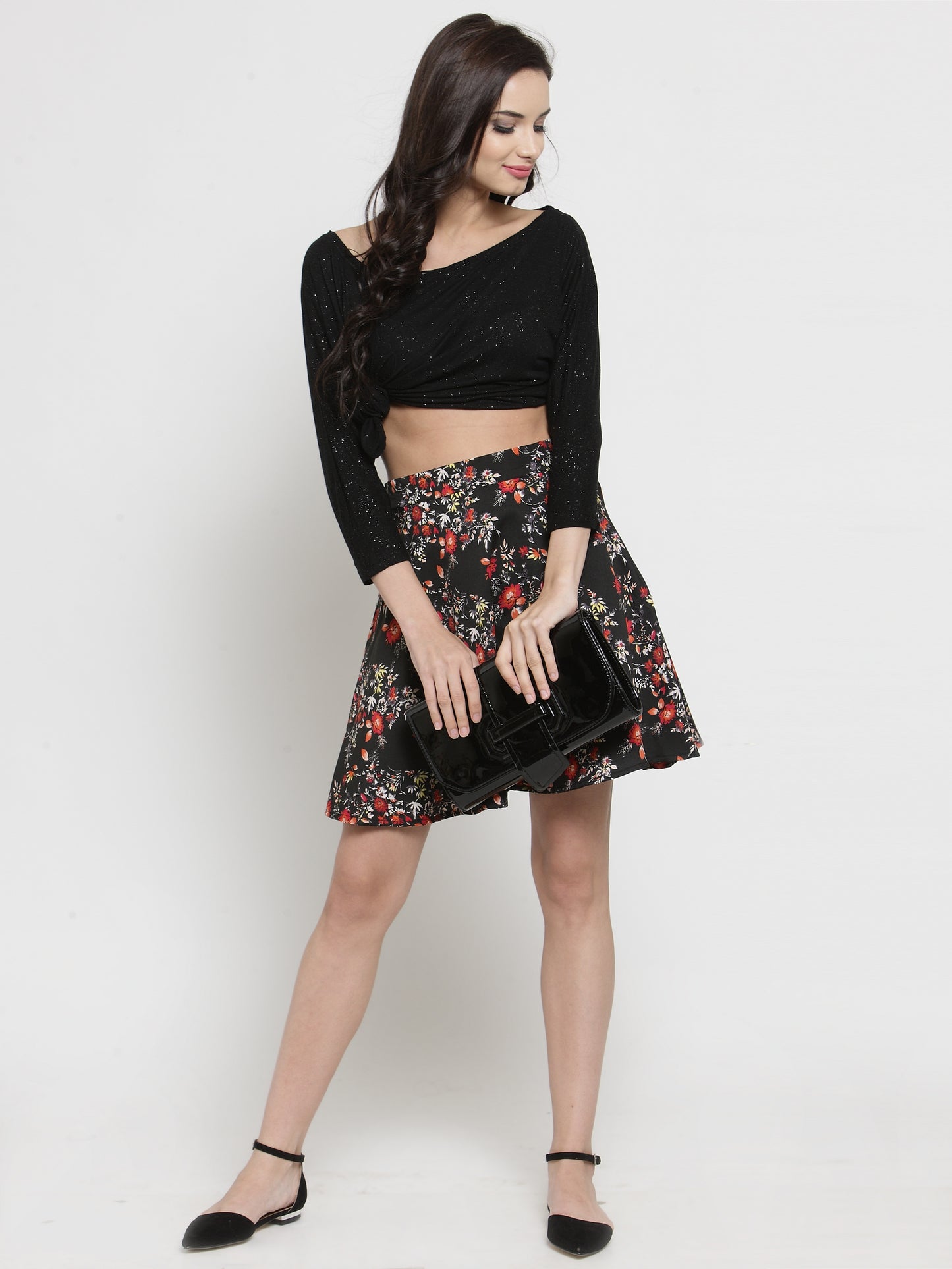 Black & Red Floral Printed Flared Skirt