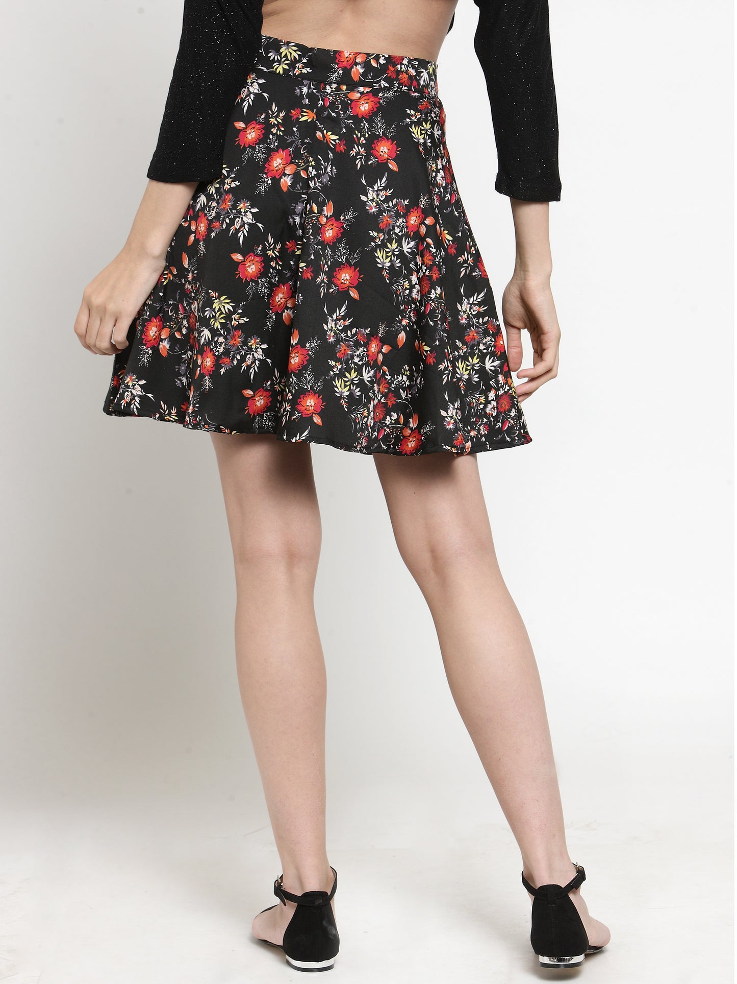 Black & Red Floral Printed Flared Skirt
