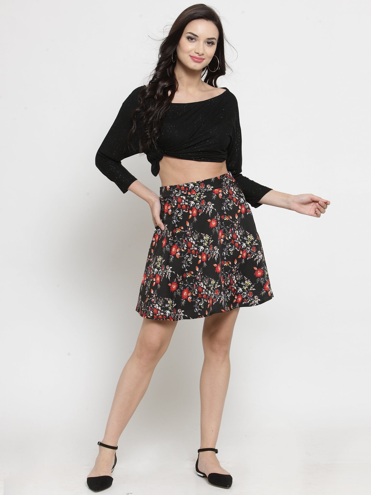 Black & Red Floral Printed Flared Skirt