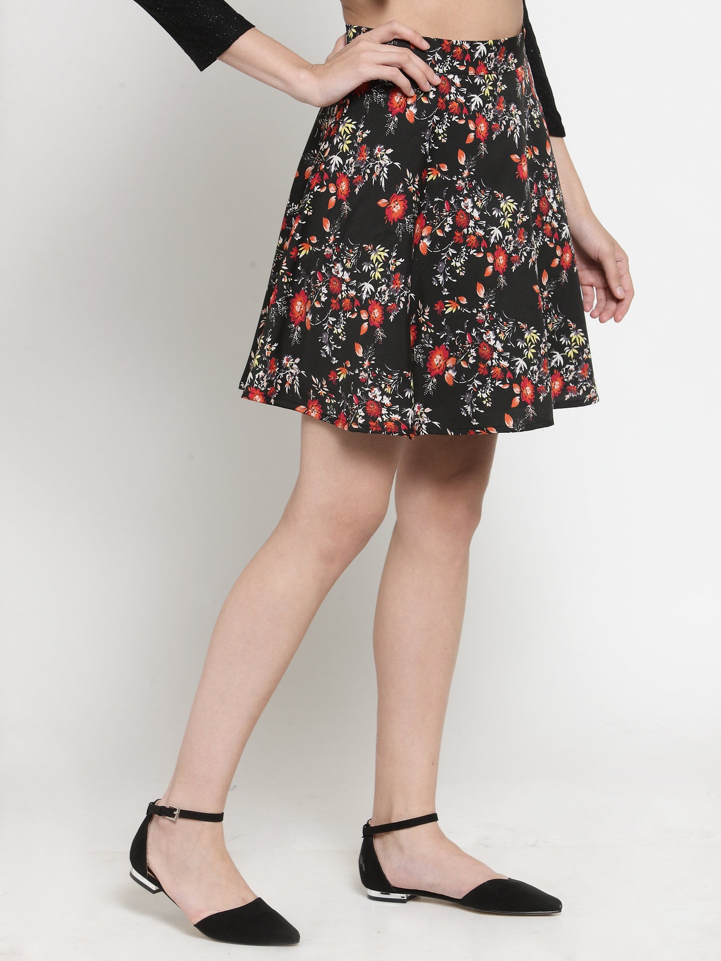 Black & Red Floral Printed Flared Skirt