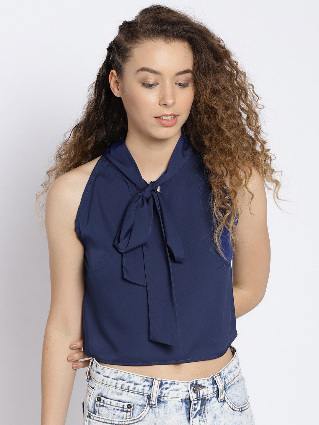 Solid front neck tie up top