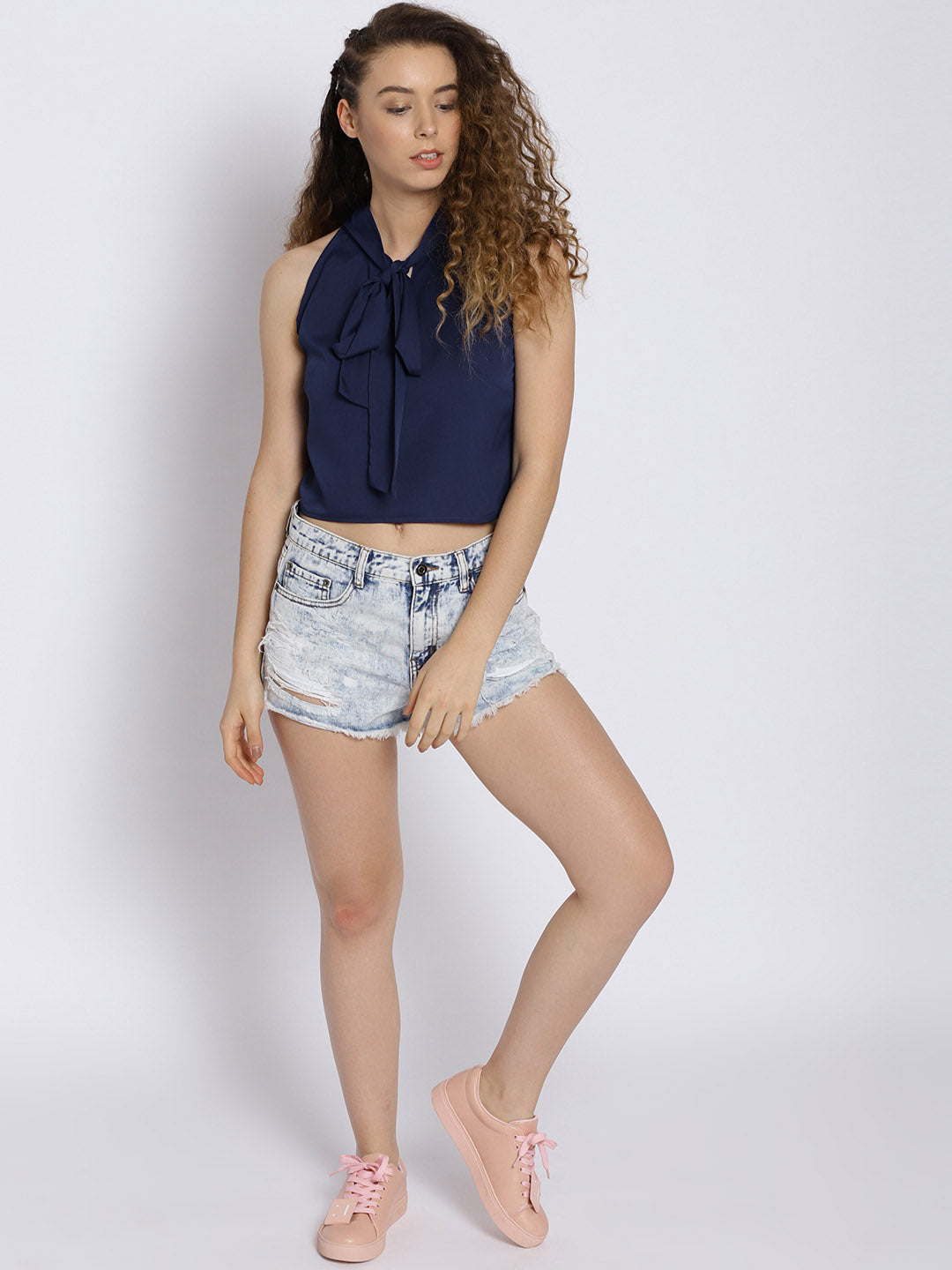 Solid front neck tie up top