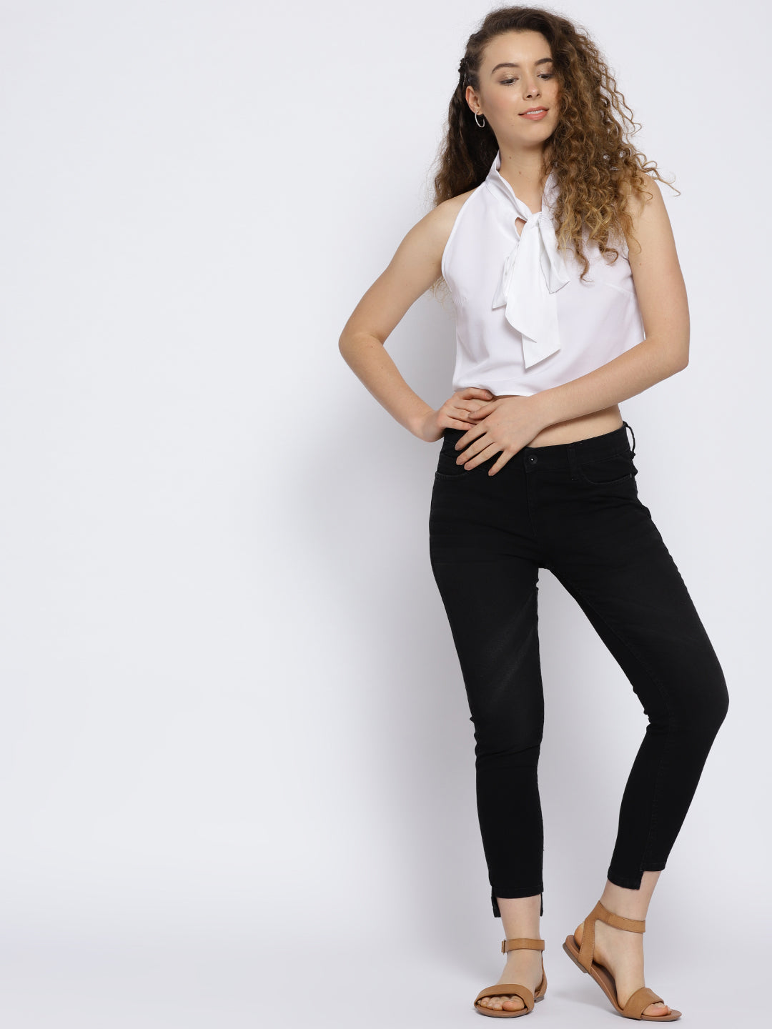 Solid front neck tie up top