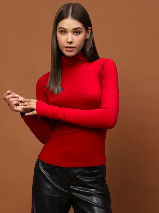 Bold Red High-Neck  | Statement Minimal Chic Fitted Top