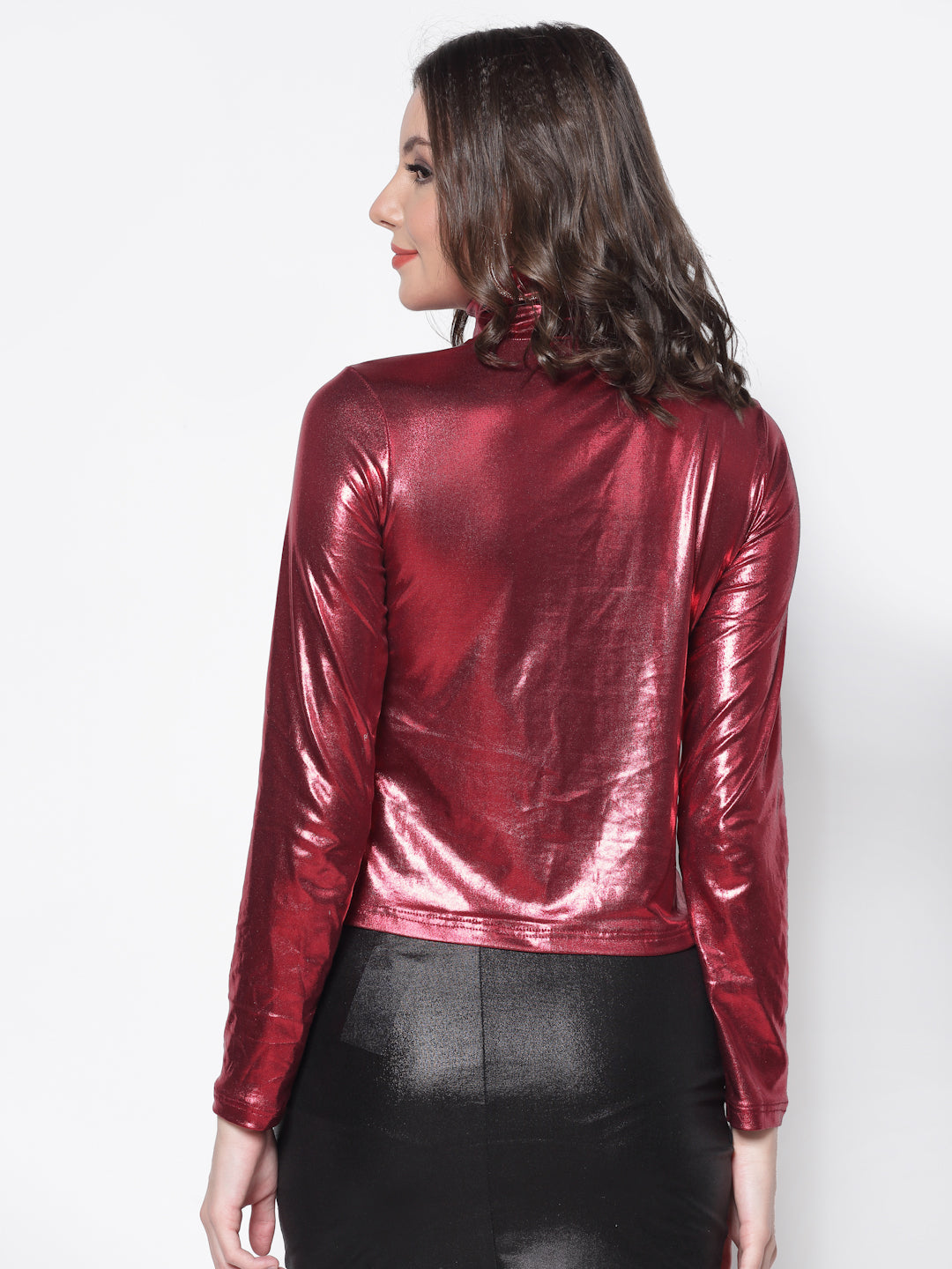 Red Foil Print High Neck Top