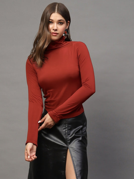 Rust Red High-Neck  | Elegant Minimal Statement Fitted Top