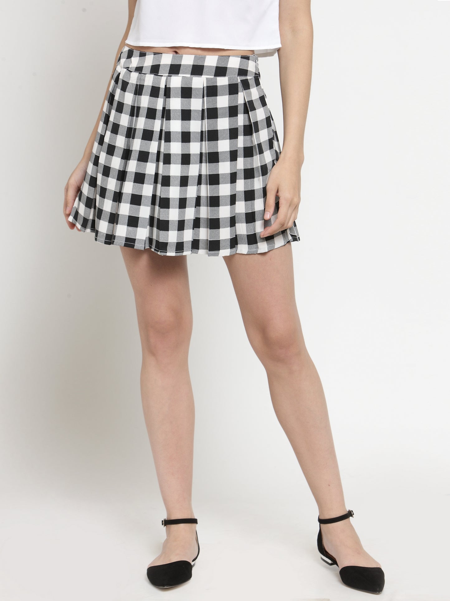 Black Checkerd Printed Flared Skirt