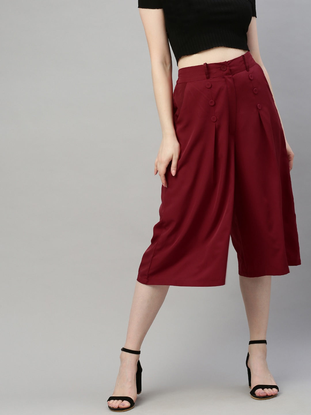 Burgundy Flared Solid Culottes