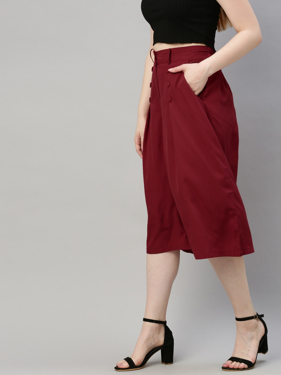 Burgundy Flared Solid Culottes