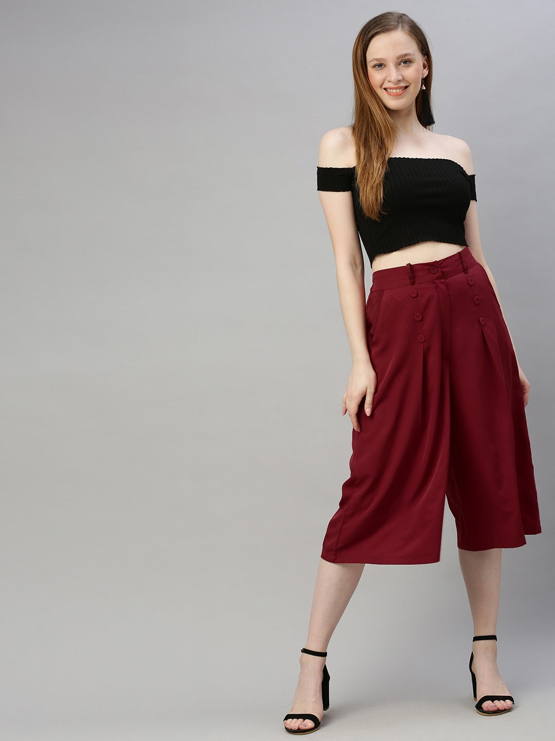Burgundy Flared Solid Culottes