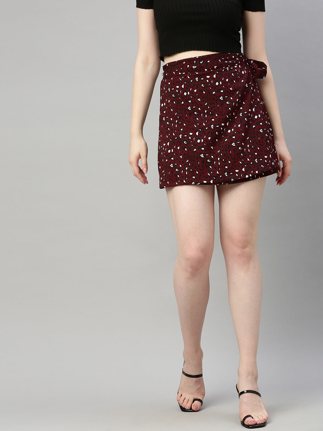 Burgundy & Black Animal Printed Wrap Mini Skirt with Tie-up