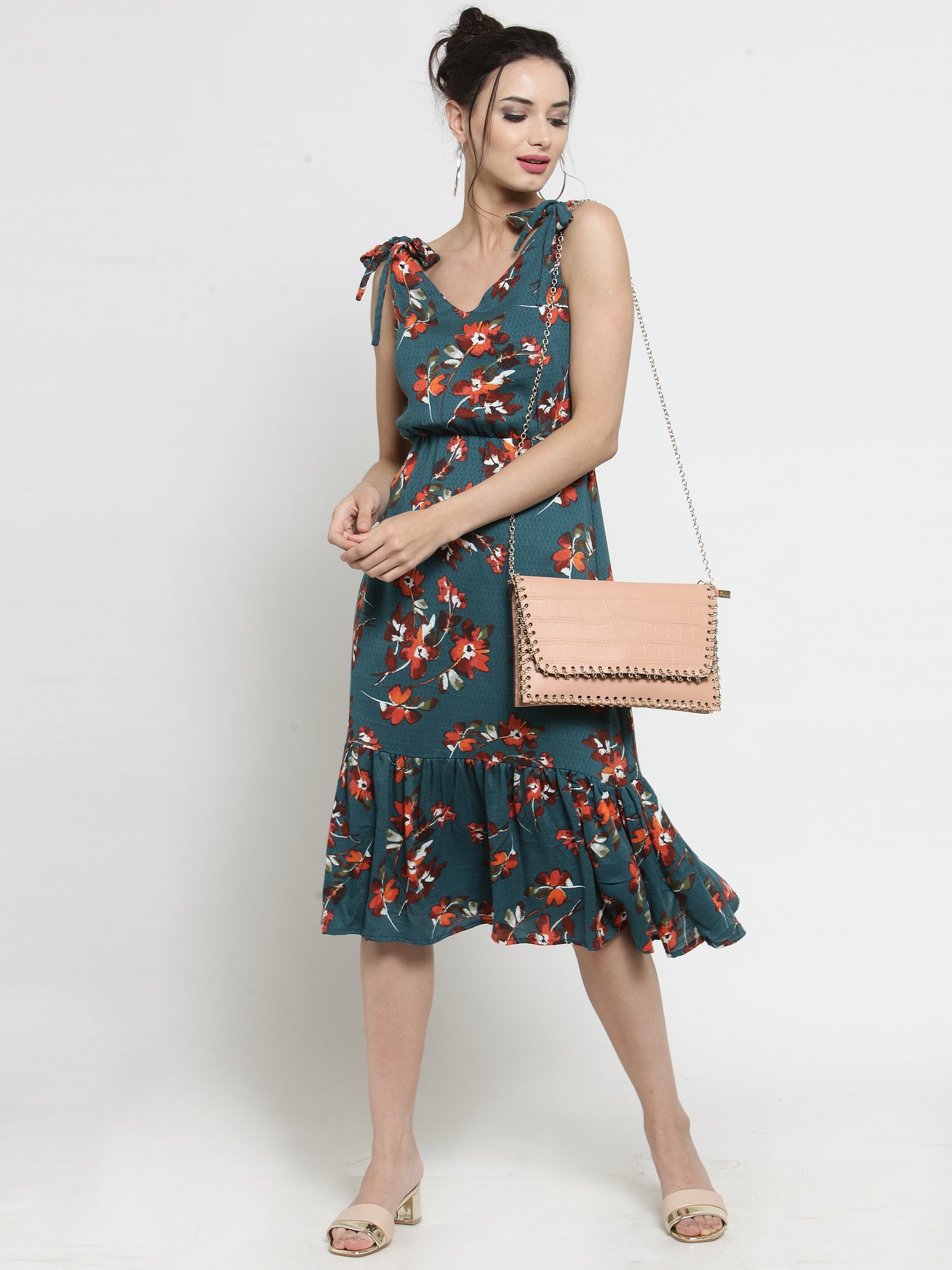 Green Shoulder tie-up midi dress