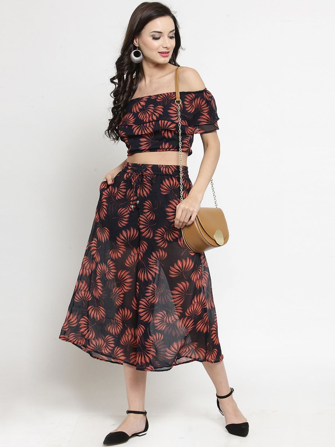 Navy Blue Floral Printed Double Layer Crop Top