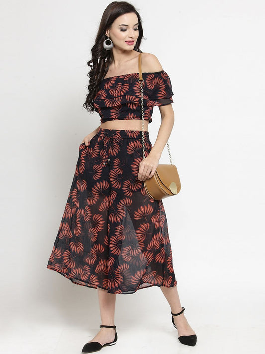 Navy Blue Floral Printed Double Layer Crop Top