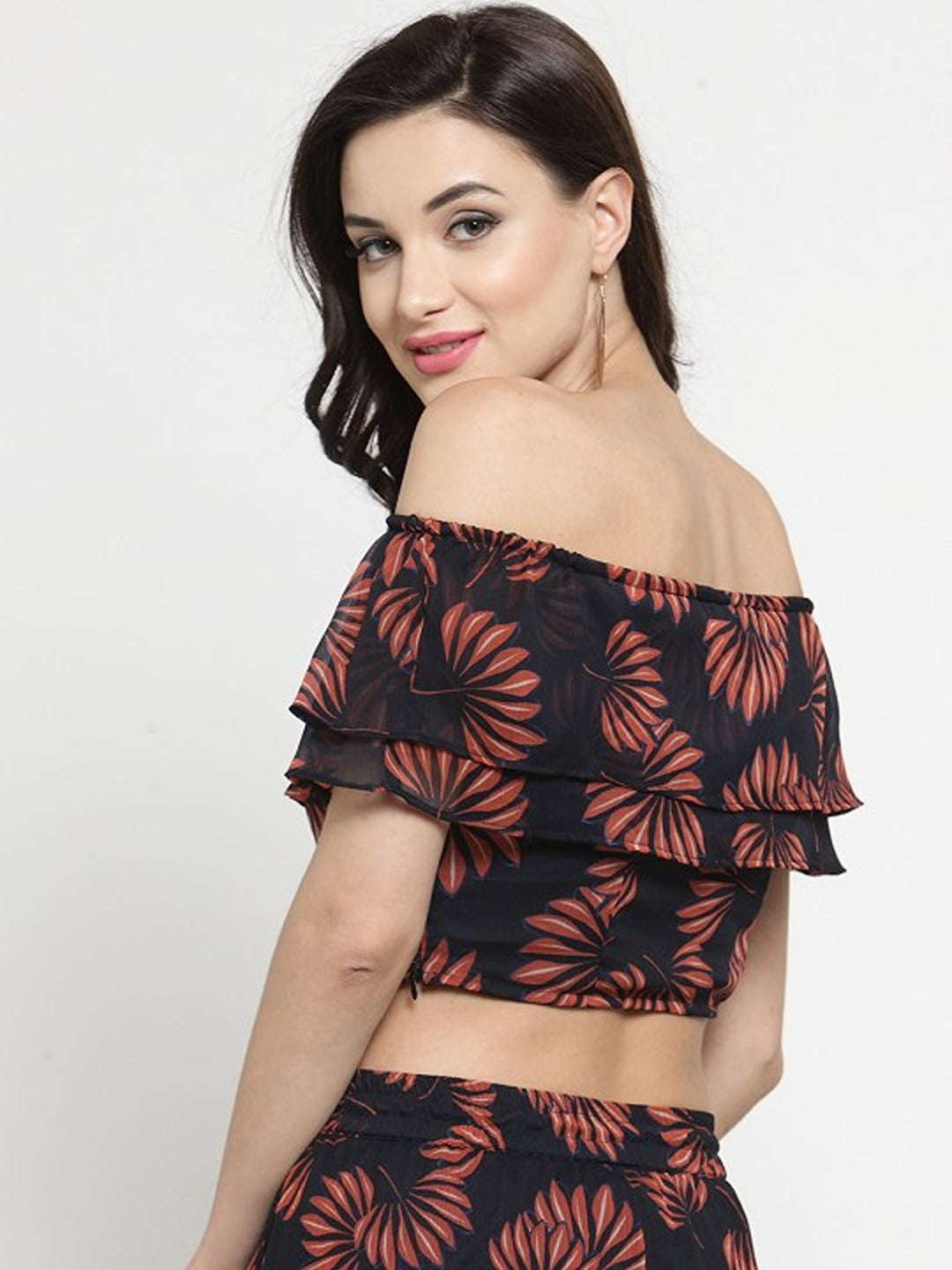 Navy Blue Floral Printed Double Layer Crop Top