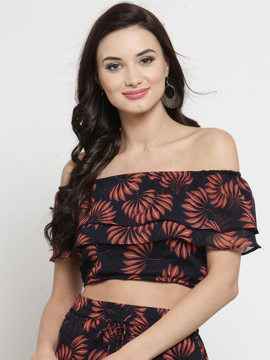 Navy Blue Floral Printed Double Layer Crop Top