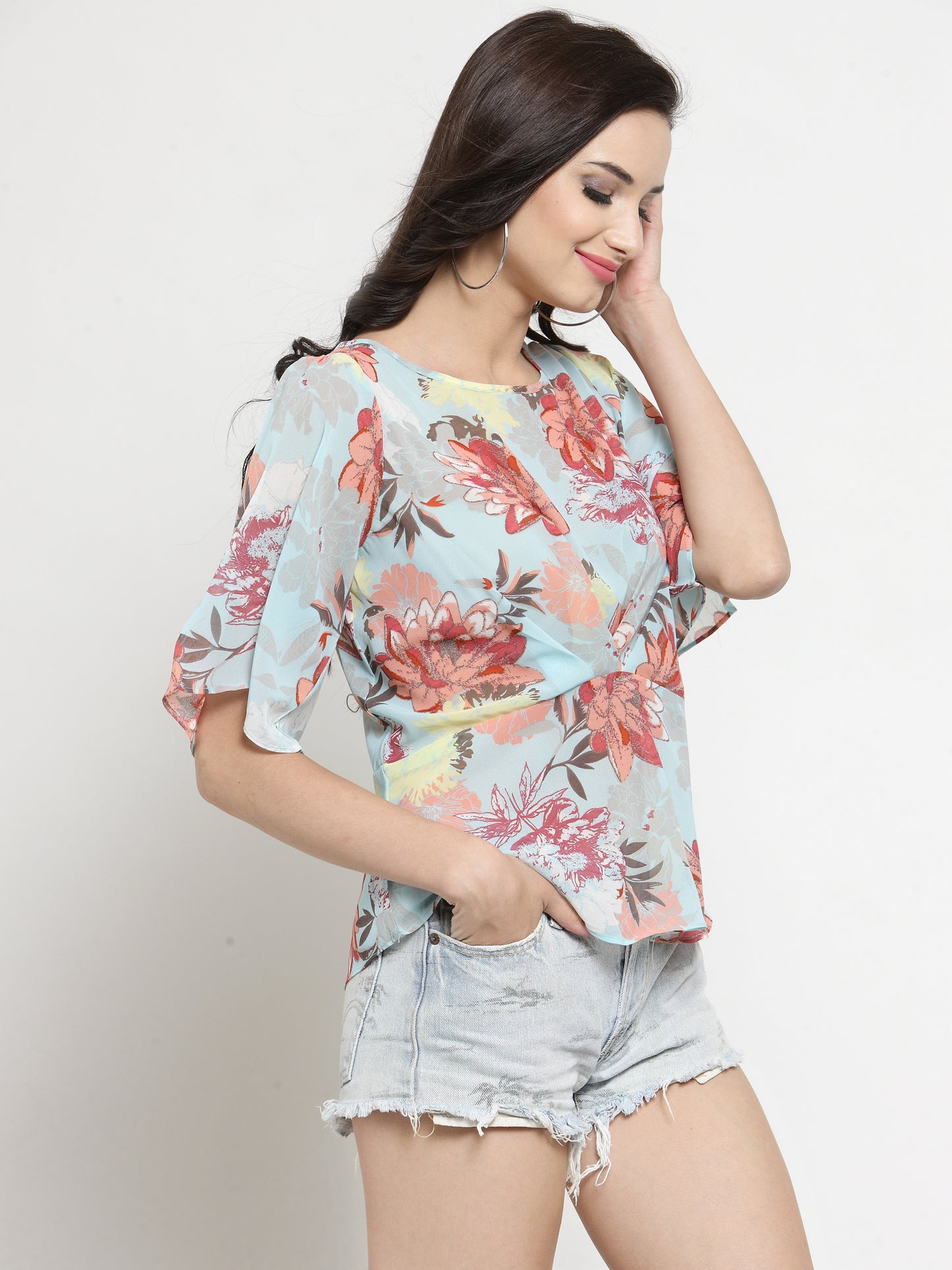 Aqua Blue Front Pleated Pleasant Top